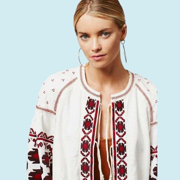 Free People Swing Jacket Women's Size Large Off White Red Boho Embroidered Top - Picture 2 of 16